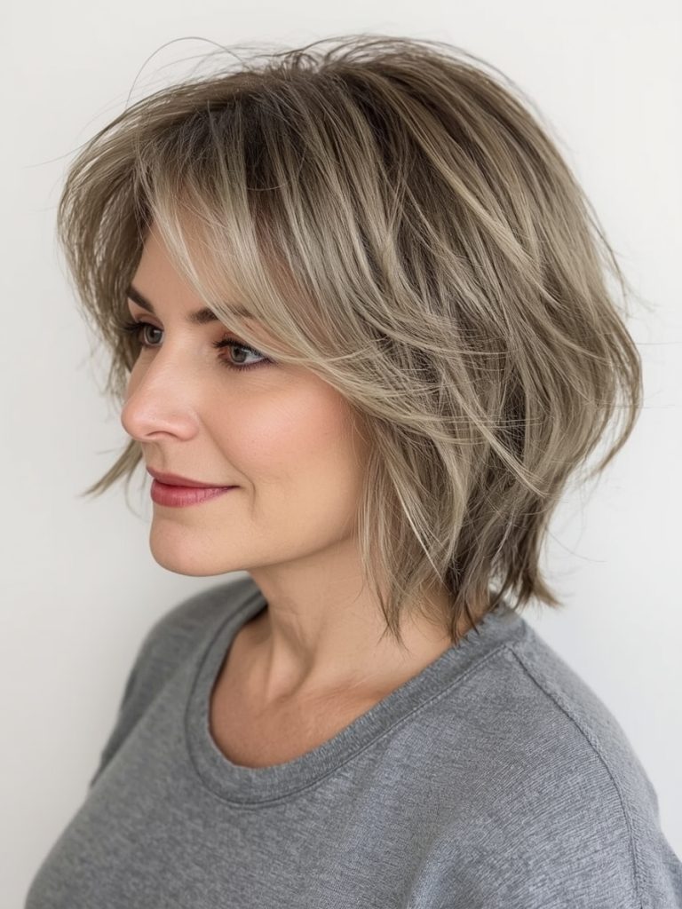Hairstyles For Thin Hair Fine Over 50: Softly Angled Bob with Side Swept Bangs