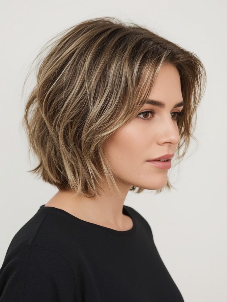 Hairstyles For Thin Hair Fine Over 50: Chin-Length Layered Bob with Bangs