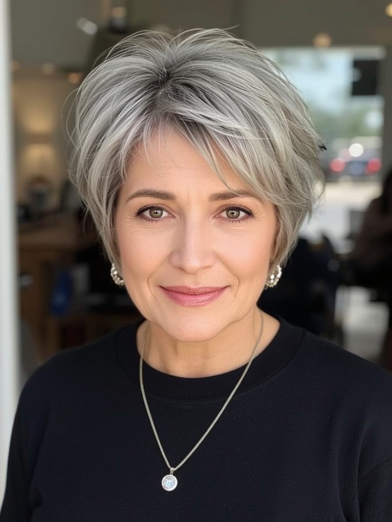 Hairstyles For Thin Hair Fine Over 50: Layered Bob with Side Bangs