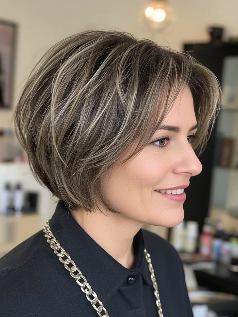 Hairstyles For Thin Hair Fine Over 50: Angled Lob with Subtle Highlights