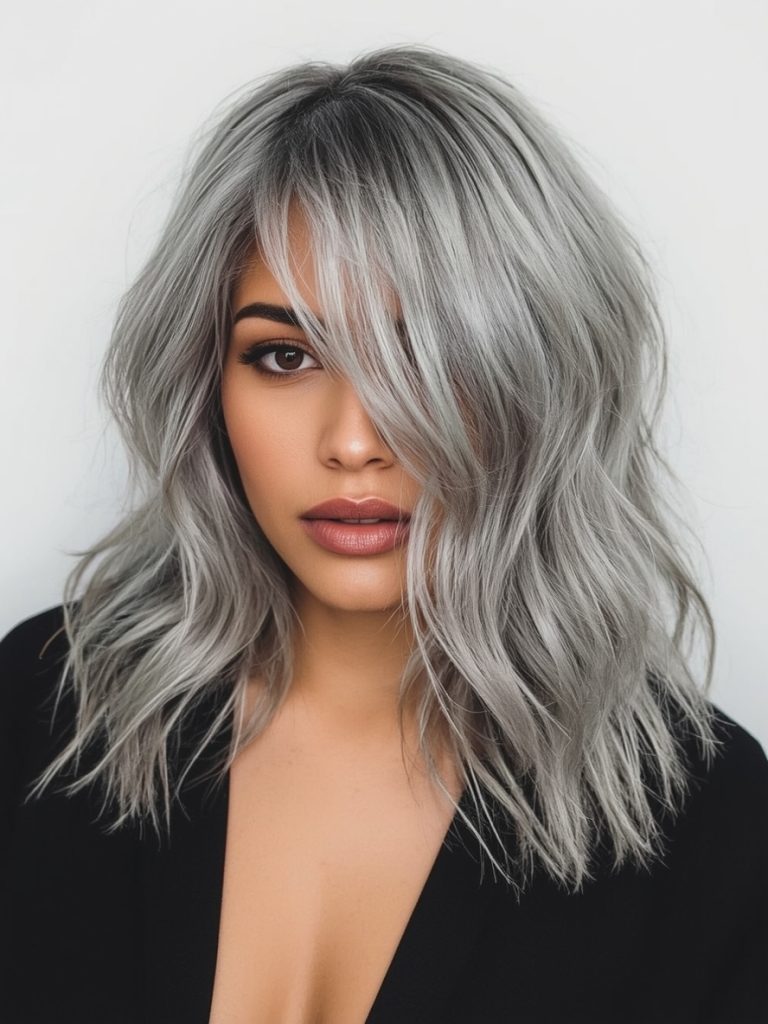 Silver Layered Lob on Dark Skin