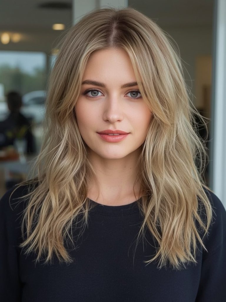 Long Layered Hair with Asymmetrical Bangs for Older Women