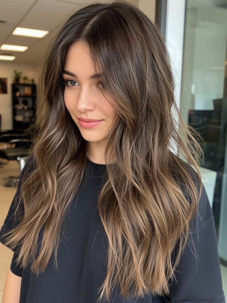 Butterfly Haircut With Contrasting Colors for Long Hair on a Round Face