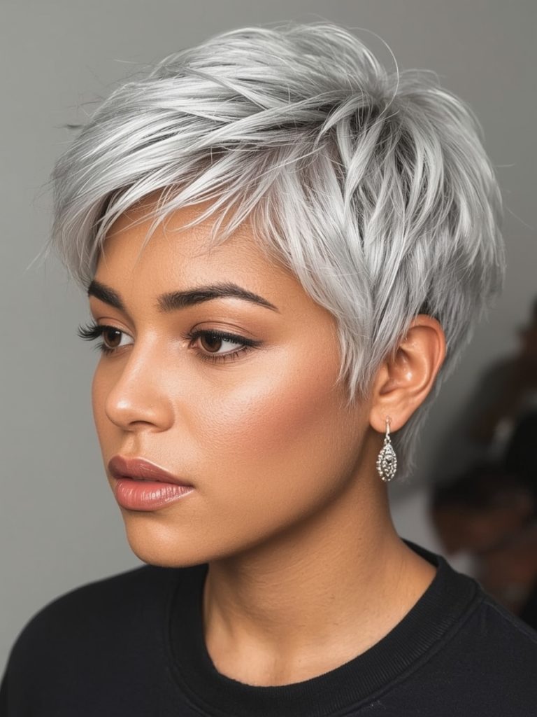 Silver Bob with Bangs on Dark Skin
