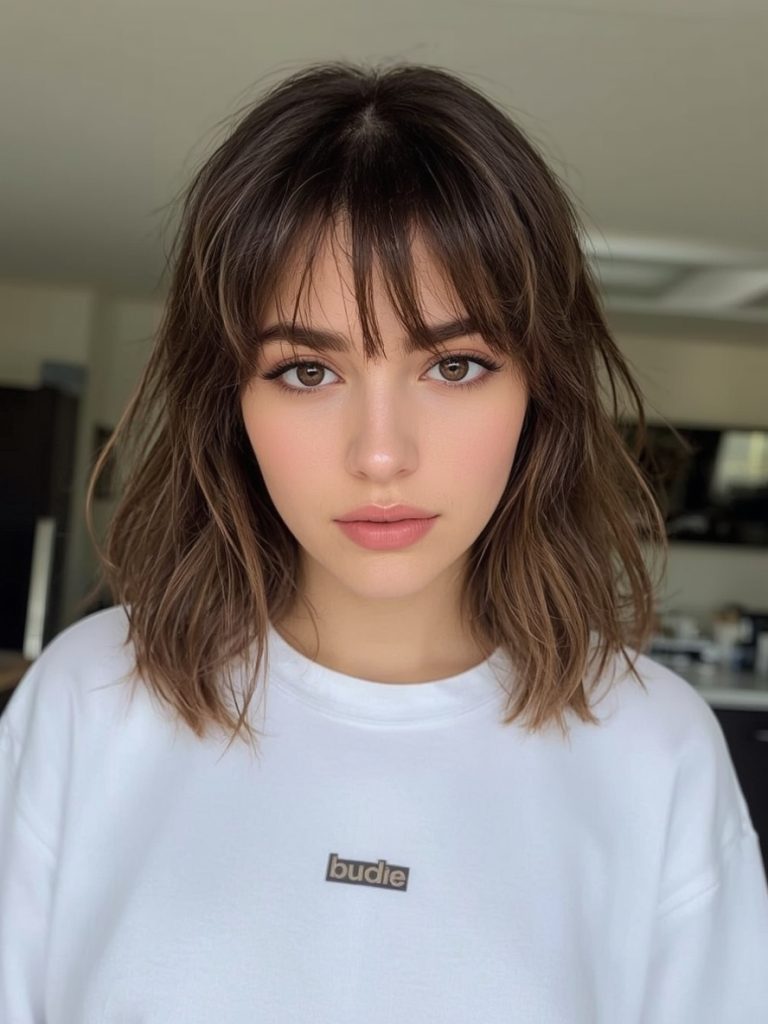 Butterfly Haircut With Curtain Bangs for Long Hair on a Round Face