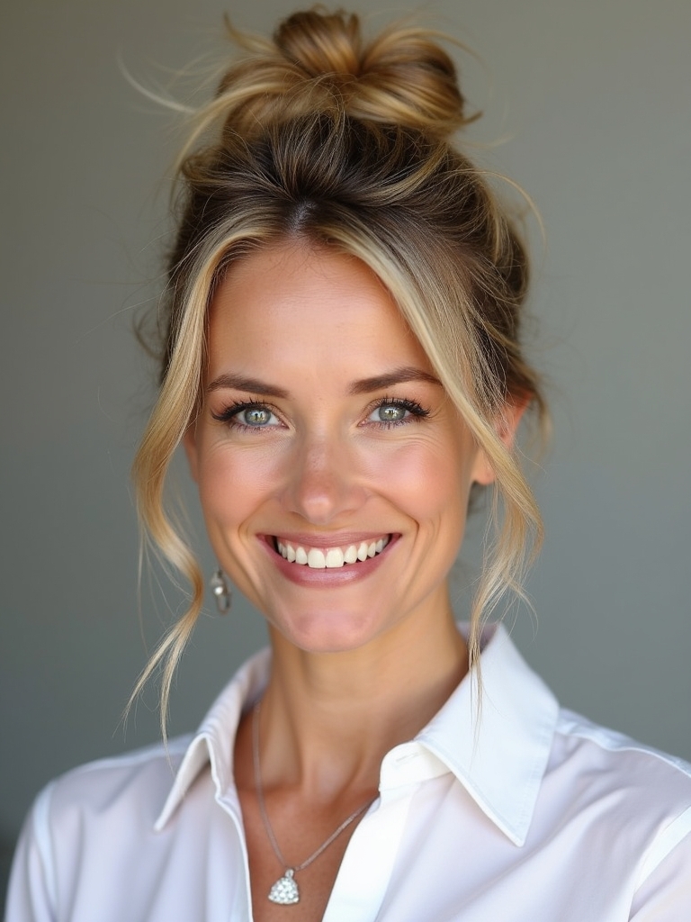 Hairstyles For Thin Fine Hair Over 60: Messy Bun with Face-Framing Strands